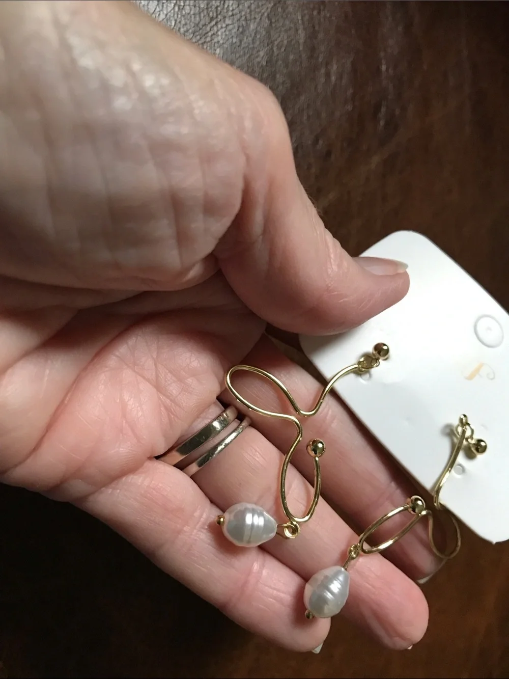 Gold contemporary shape Pearl Drop pierced Earrings